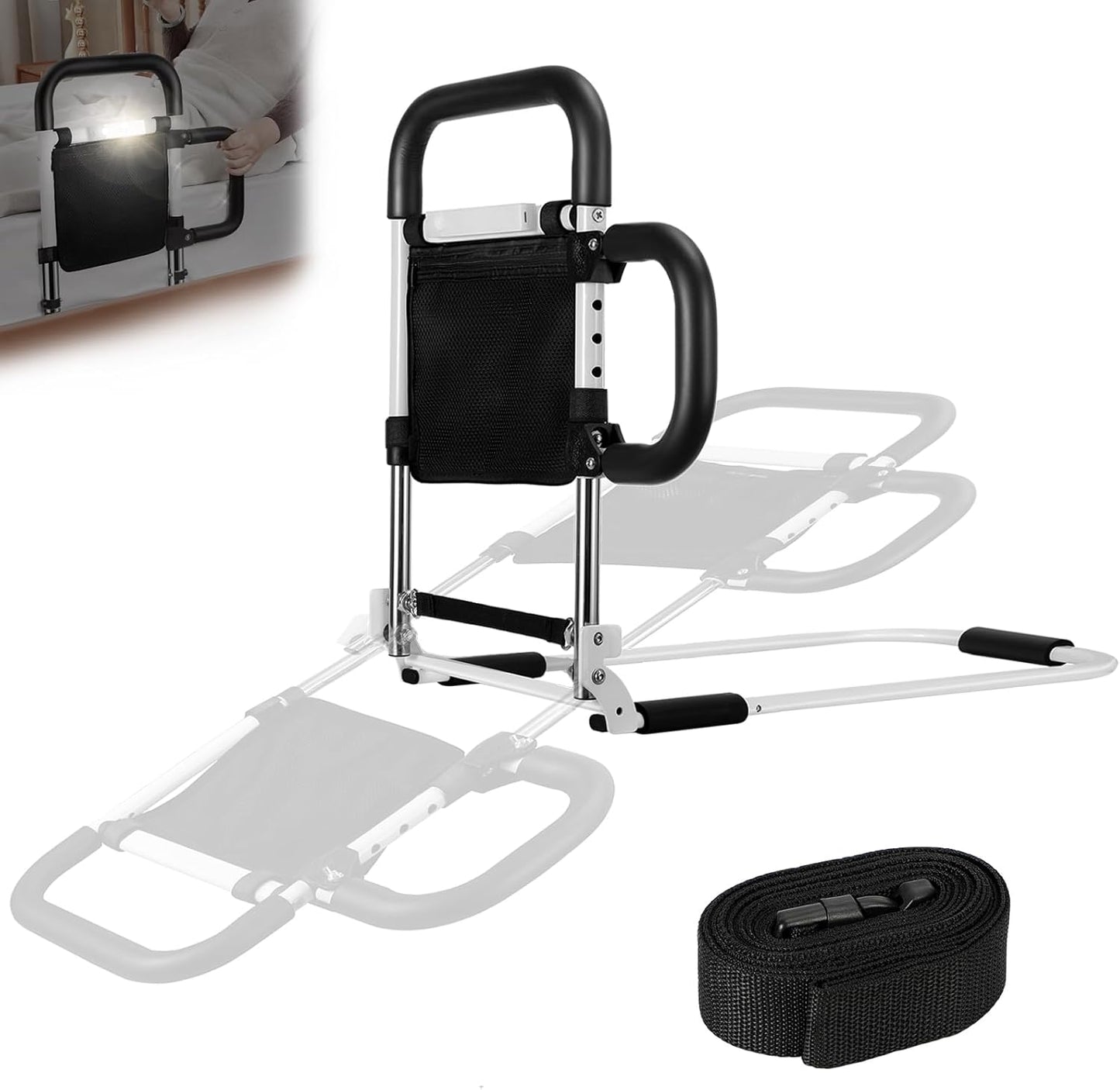 Foldable Bed-Rails for Elderly Adults Safety with LED Night Light and Three Storage Pockets, Adjustable Bed-Assist-Rails for Seniors,Portable & Sturdy Grab Bar Bed Cane for King/Queen/Full/Twin