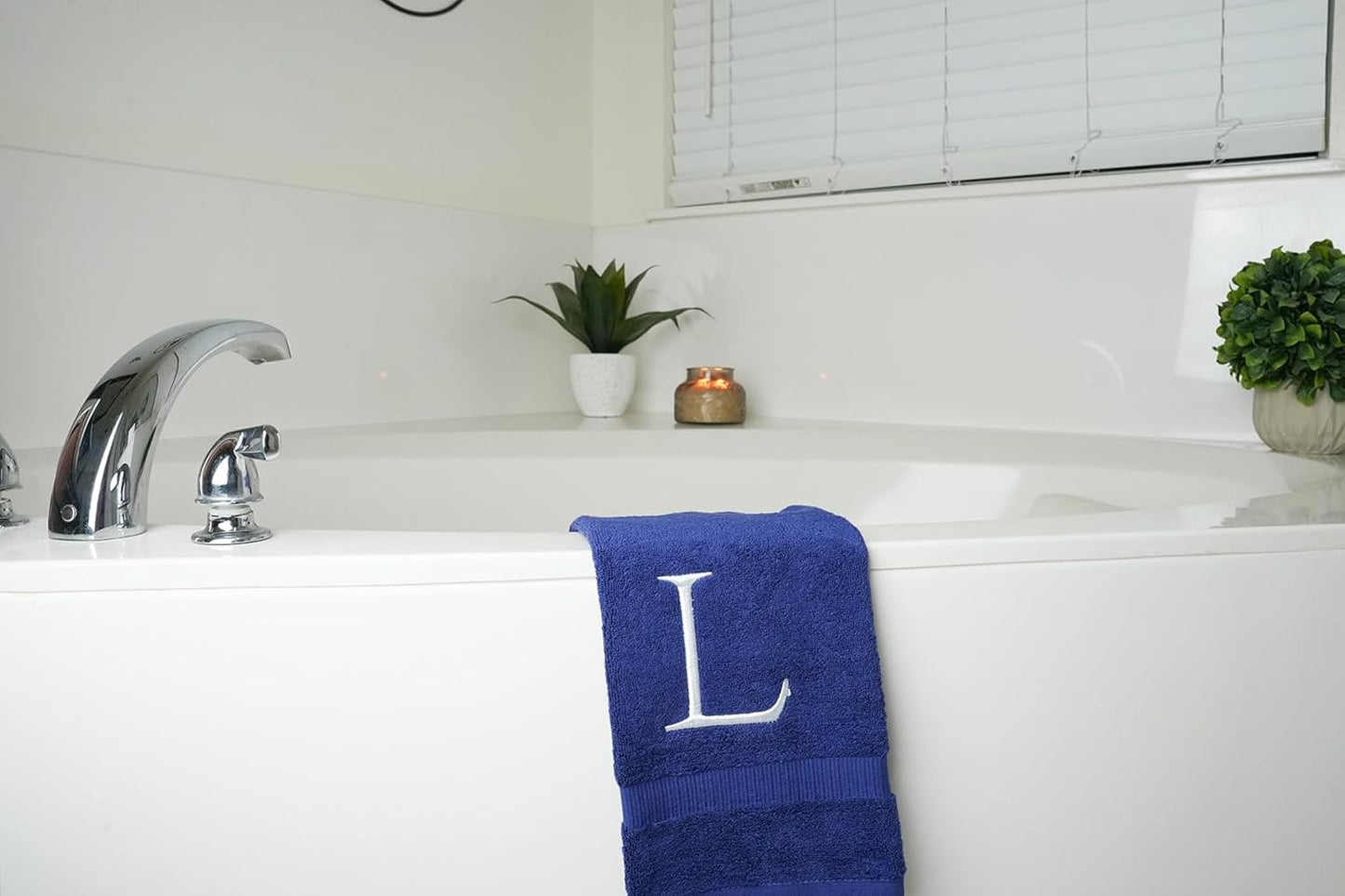 Navy and White Bathroom Hand Towel - Monogrammed Luxury Hotel Quality Decorative Embroidered Towel for Powder Room, Spa - GOTS Organic Certified - Pack of 2, Letter L