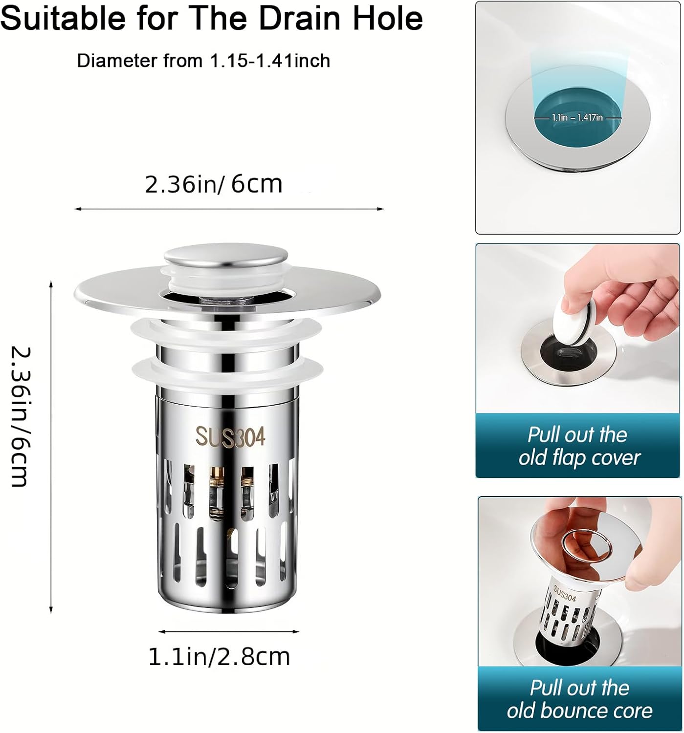 Bathroom Sink Stopper Hair Catcher, Pop-up Sink Drain Strainer with Removable Stainless Steel Strainer Basket Hair Catcher, Universal Drain Filter for Bathroom Sink Stopper Replacement (2PCS)