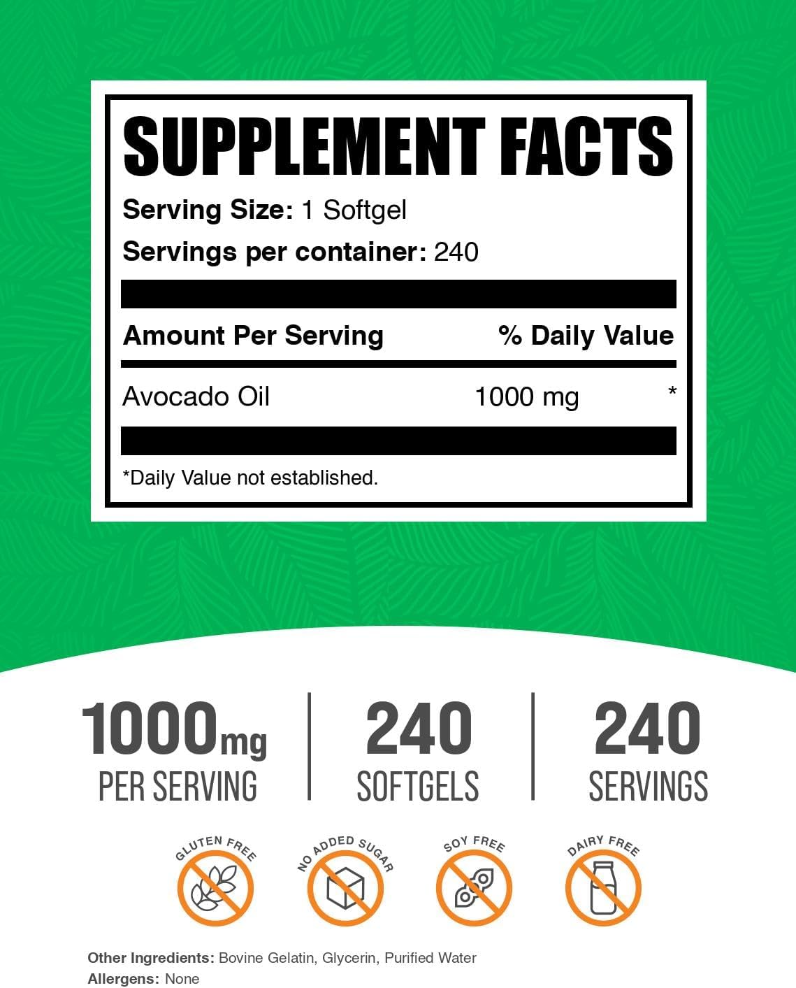 BulkSupplements.com Avocado Oil 1000mg Softgels - Avocado Oil Supplement, Avocado Oil Capsules, Avocado Oil Pills - Gluten Free & Soy Free, 1 Avocado Oil Softgel per Serving, 240 Softgels