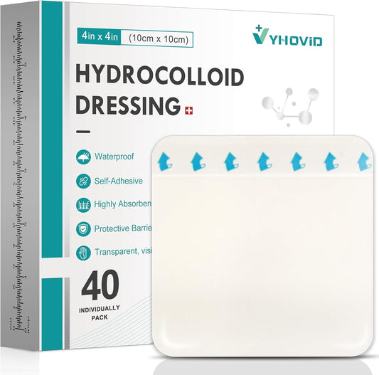 40 Pack Hydrocolloid Wound Dressing 4" x 4", Hydrocolloid Patch Bandages with Self-Adhesive, Bed Sore Bandages, Highly Absorbent for Burn, Blister, Acne Care, Sterile and Waterproof
