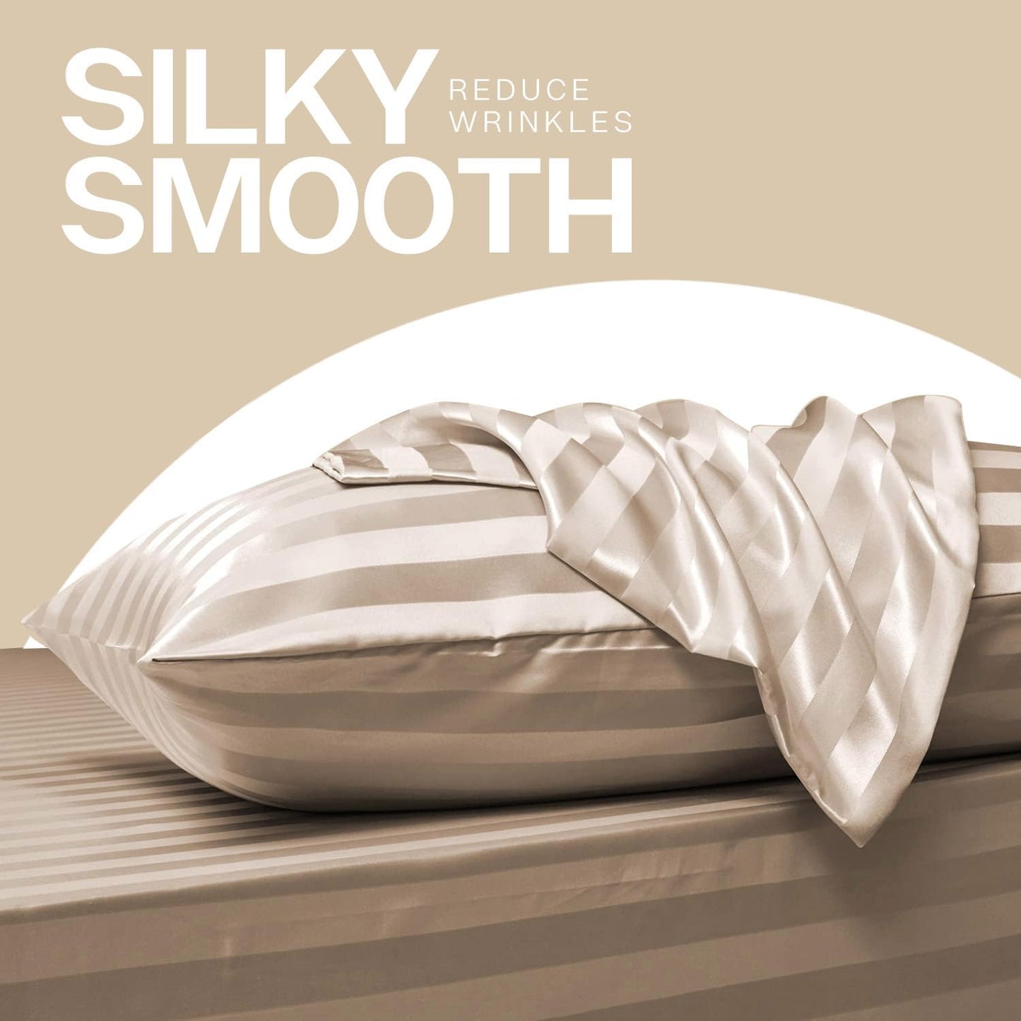 MR&HM Satin Pillowcase for Hair and Skin, Silk Satin Pillowcase 2 Pack, Queen Size Pillow Cases Set of 2, Silky Pillow Cover with Envelope Closure (20x30, Champagne Striped)