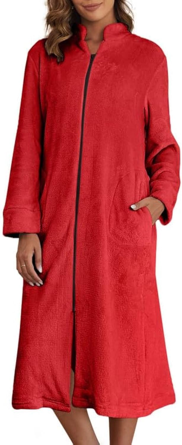 Ekouaer Women's Zip Up Robe Fleece Bathrobe Long Zipper Lounger Warm Housecoat Long Sleeve Nightgown with Pockets S-XXL