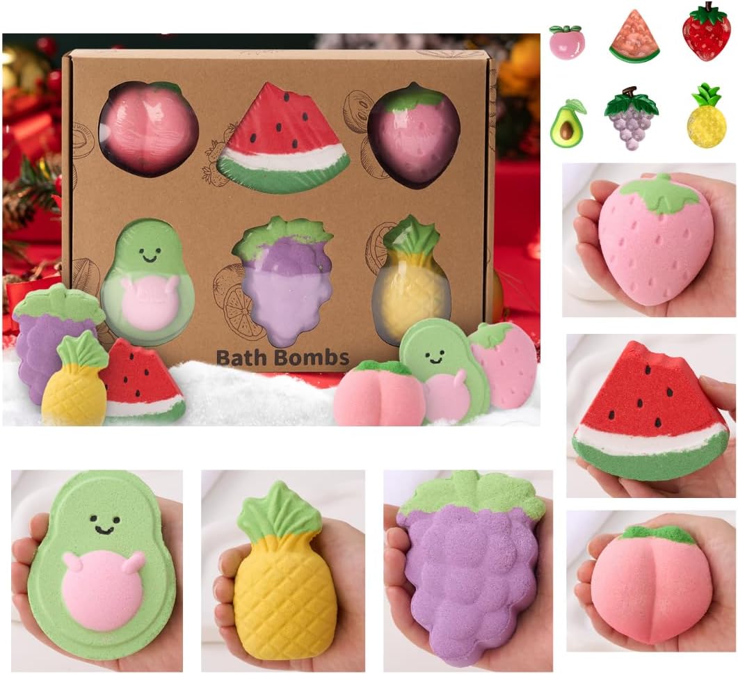 Bath Bombs for Kids Age 3+, Boys Girls Teens with Surprise Inside Fruit Shaped Large Colorful, Natural & Non-Toxic for Birthdays, Girls Spa and More