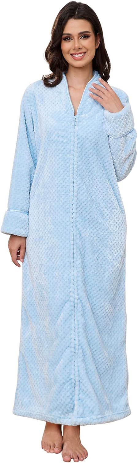 Artfasion Womens Fleece Robe Plush Long Zip Front Bathrobe with Pockets Warm Soft Zippered Bathrobes for Women