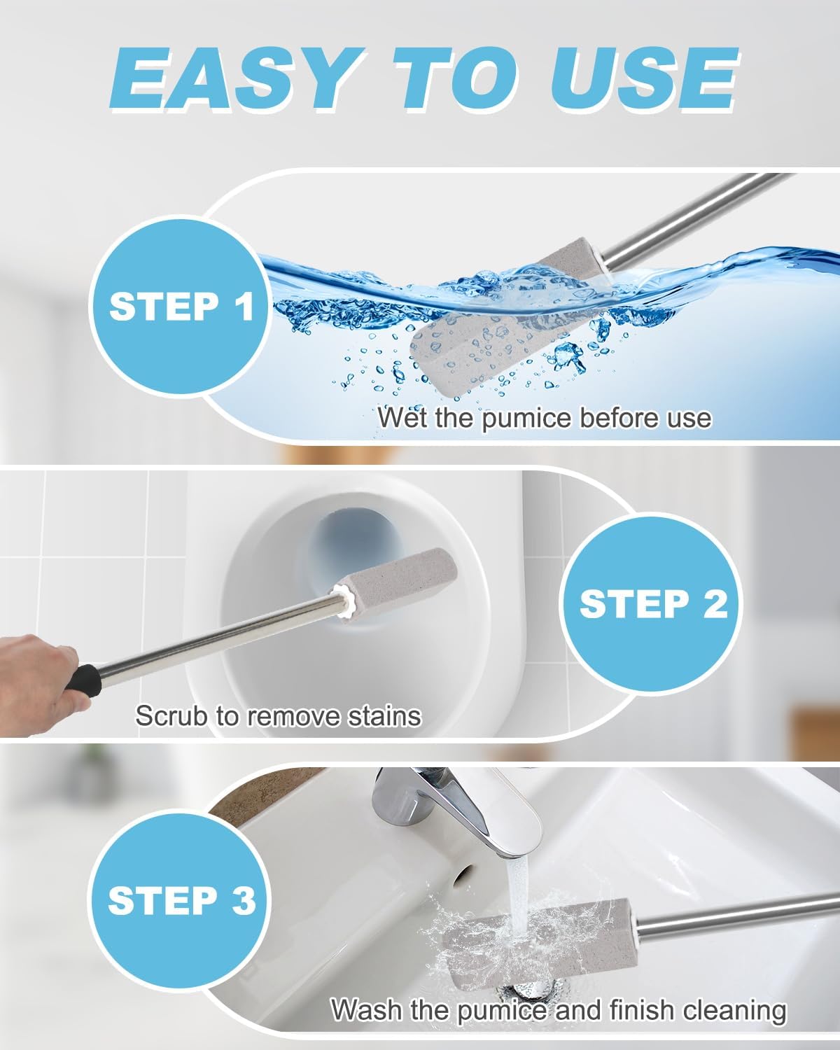 6 Pack Pumice Stone Toilet Bowl Cleaner with Long Stainless Handle - 22" Longer Pumice Stone for Cleaning - Hard Water Ring Stains Remover Brush for Toilet, Bathroom, Kitchen, Sink, Pool, Tile, Grill