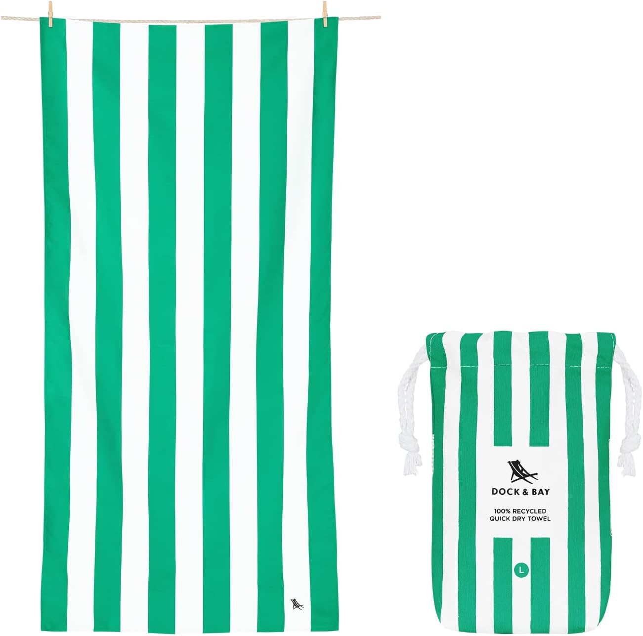 Dock & Bay Beach Towel - Quick Dry, Sand Free - Compact, Lightweight - 100% Recycled - Includes Bag - Cabana - Cancun Green - Extra Large (200x90cm, 78x35)