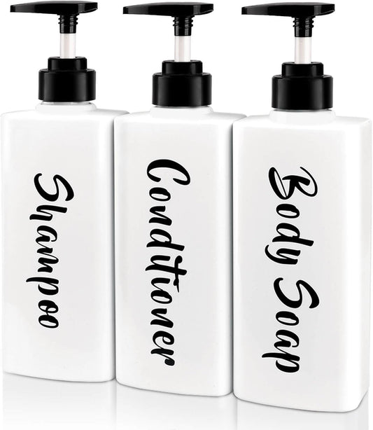 16.9oz Shampoo and Conditioner Dispenser, Refillable Shampoo Bottles with Pump, Empty Plastic Body Wash Dispensers for Bathroom, Printed Soap Bottle for Body and Conditioner (White, Set of 3)