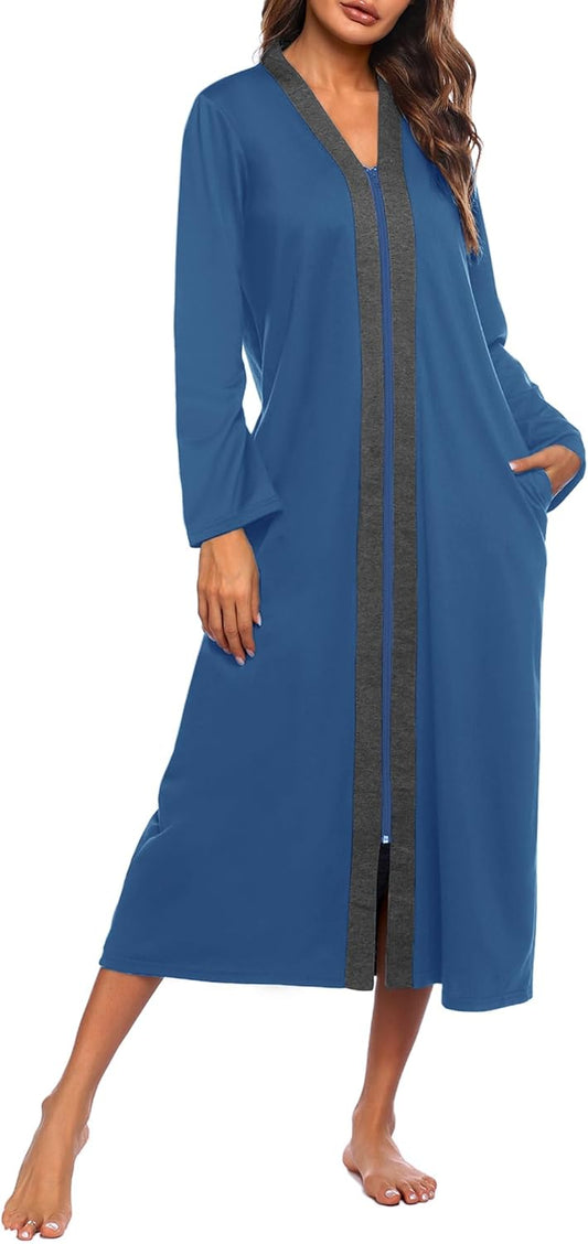 Ekouaer Women Zipper Robe Long Sleeve Loungewear Lightweight Housecoat Full Length Nightgown with Pockets