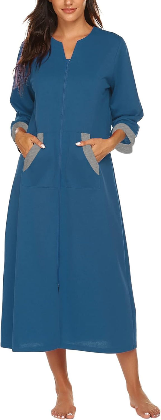 Ekouaer Women Zipper Robe 3/4 Sleeves Loungewear Dress Full Length Sleepwear Pockets Housecoat Nightgown Long Bathrobe