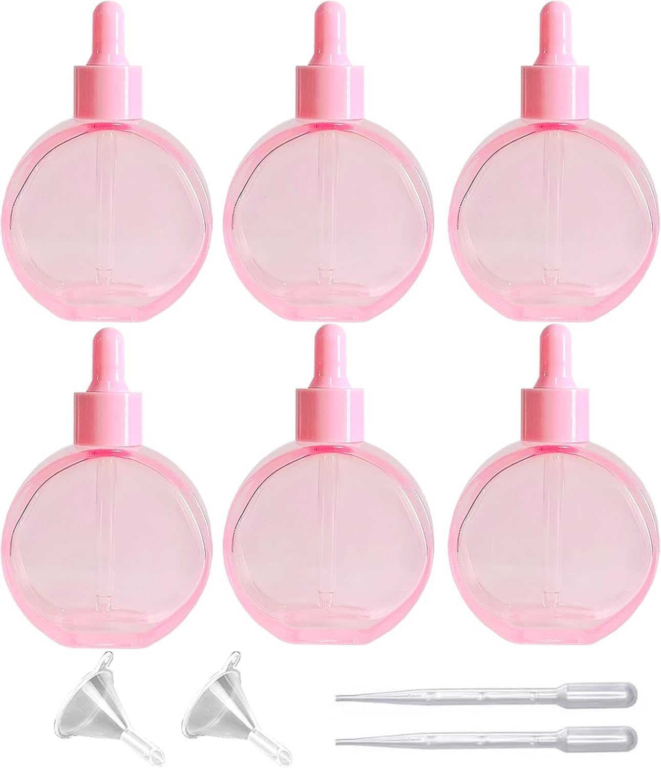 6Pcs 2 oz Glass Dropper Bottles for Essential Oils,60ml Pink flat round perfume bottle with Eye Droppers,for Oils,Perfumes,Serums,Leakproof for Travel (Pink)