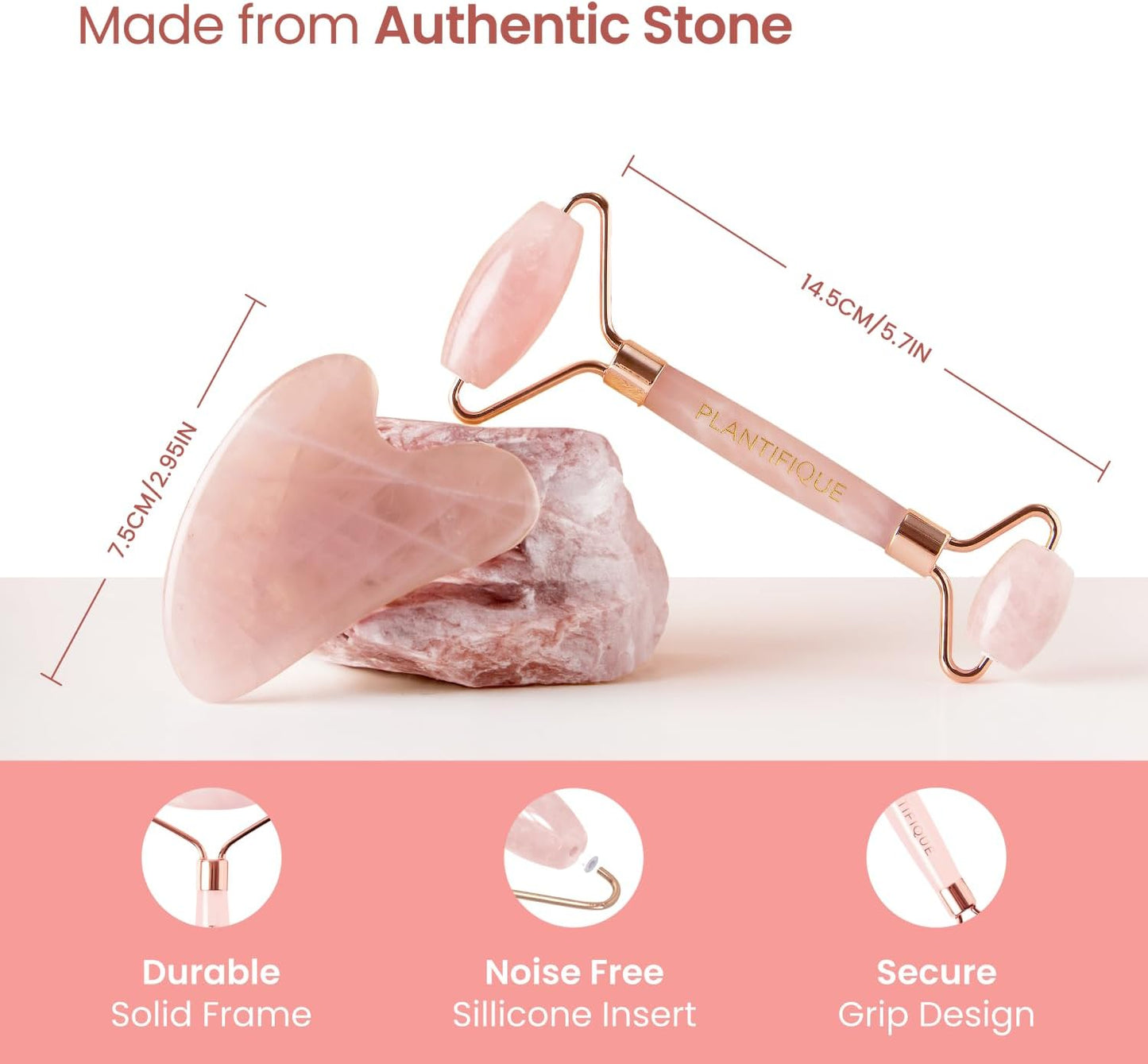 PLANTIFIQUE Face Roller and Gua Sha Rose Quartz Certified | Gifts | Guasha Tool for Face | Jawline Shaper | Your Skin Care Routine
