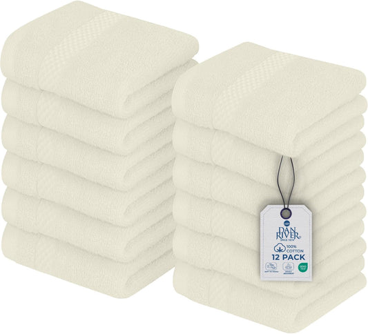 DAN RIVER 12-Pack Premium 100% Cotton Ivory Face Towels – Reusable Face Towel Set, Soft & Absorbent Washcloths for Bathroom & Body – Hand and Face Towels, 550 GSM (12x12 in)