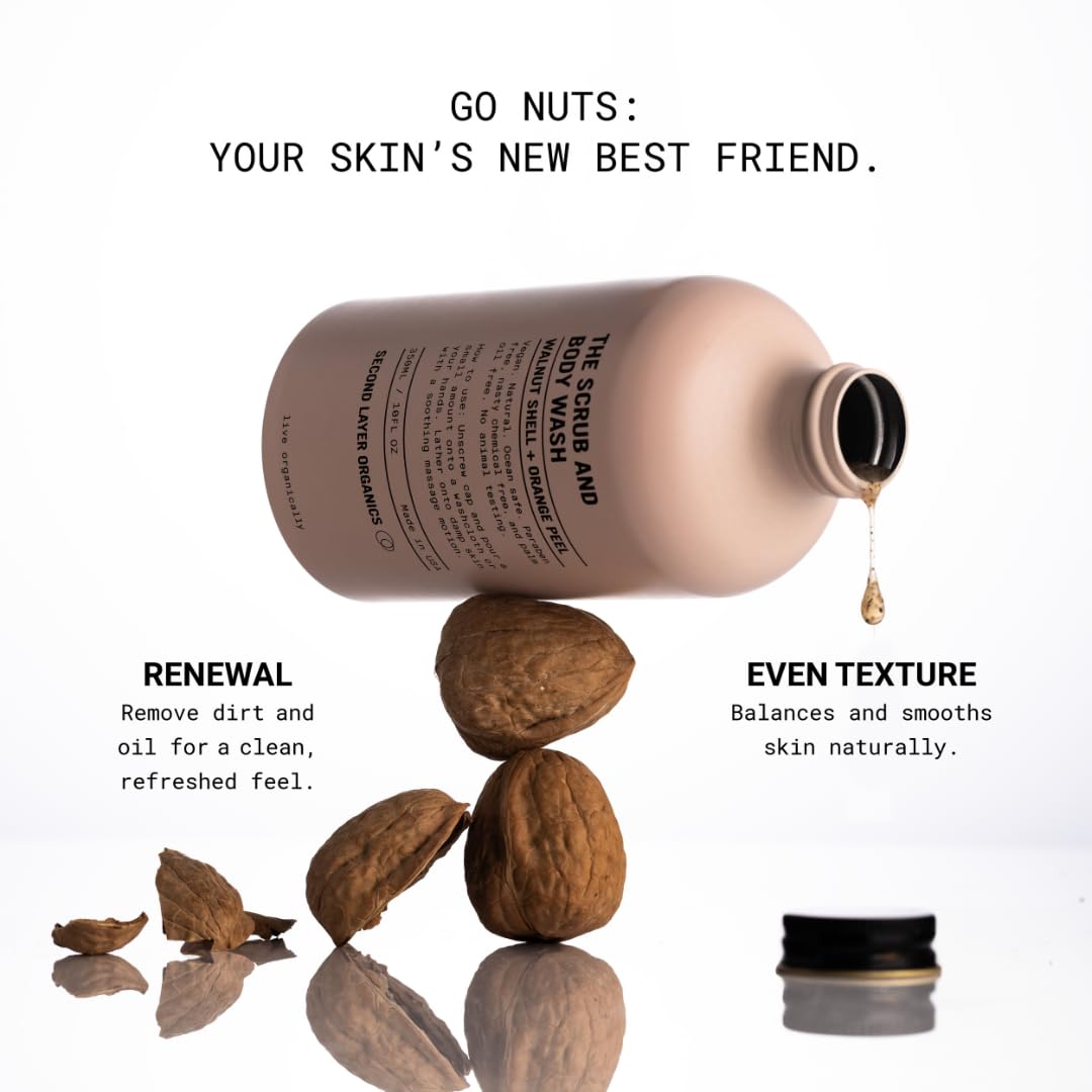 All Natural Body Scrub 10oz - Body Exfoliator with Walnut Shells and Orange Peel - Nourishing Cleanser & Body Scrub - Clean Beauty - Vegan Body Care - Organic Loofa Included