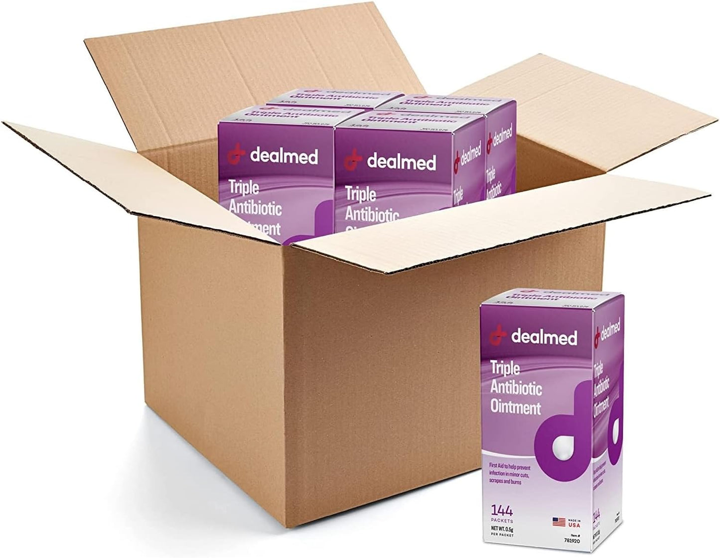 Dealmed Triple Antibiotic Ointment – Made in The USA, Single-Use Packets for Instant Relief from Cuts, Scrapes and Burns, 144 Packets/Box (.5g) - Case of 12