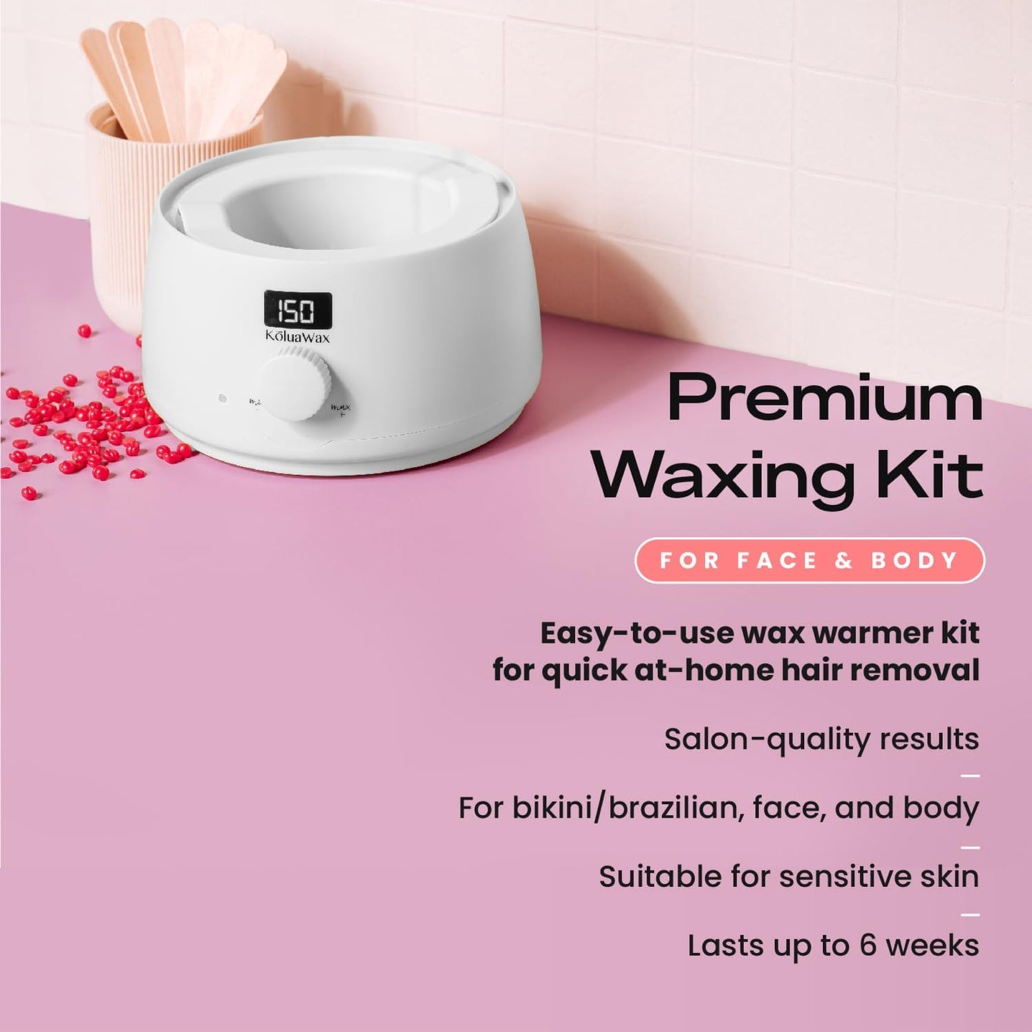 KoluaWax Premium Waxing Kit for Women - Hot Melt Hard Wax Warmer for Hair Removal, Eyebrow, Bikini, Legs, Face, Brazilian Wax - Machine, 4-Pack Beads, Accessories, White
