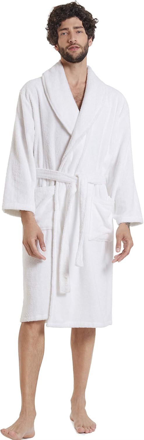 SIORO Mens Terry Bath Robe, Plush Hooded Cotton Cloth Knee-Length Robes for Spa, Shower, Soft Towel Bathrobes with Pockets