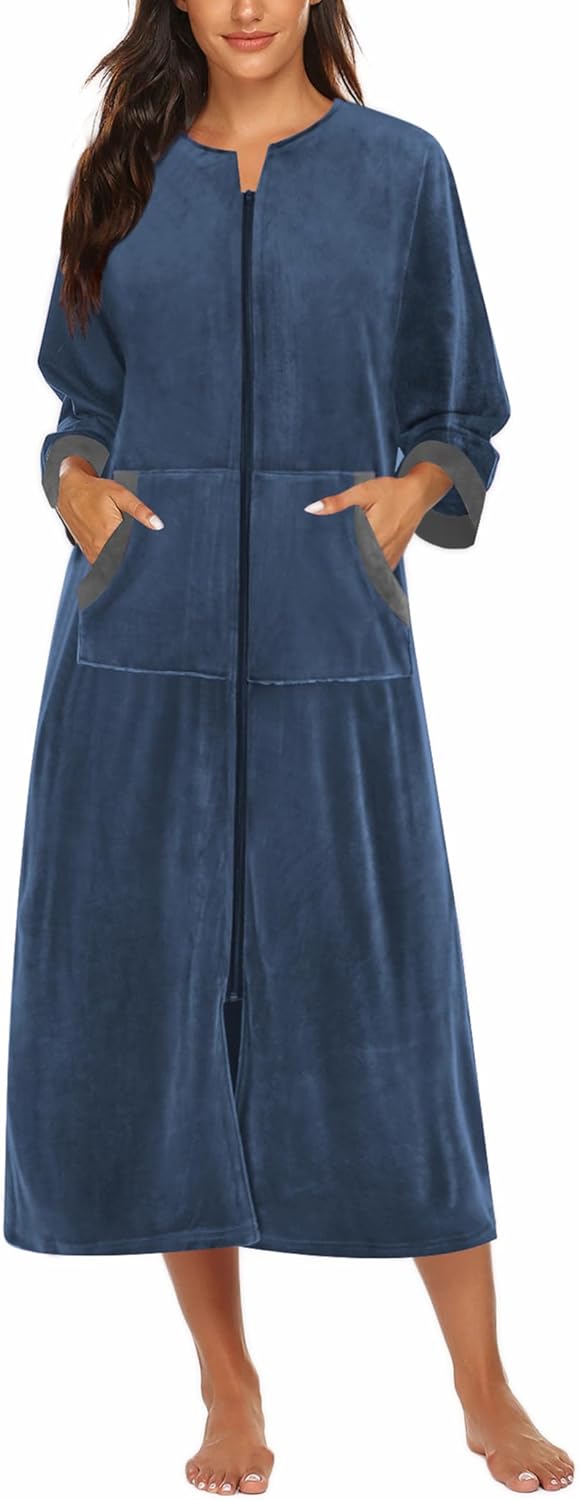 Ekouaer Women Zipper Robe 3/4 Sleeves Loungewear Dress Full Length Sleepwear Pockets Housecoat Nightgown Long Bathrobe
