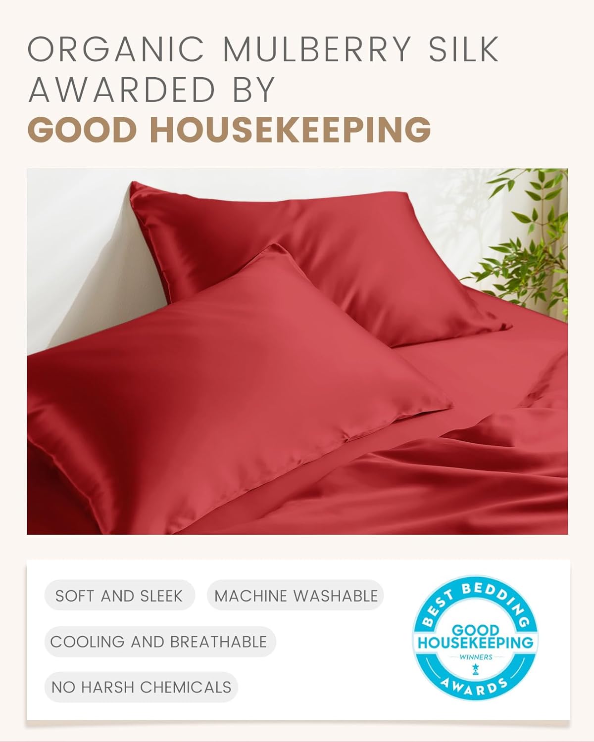 THXSILK Set of 2 Silk Pillowcase for Hair and Skin, 100% Mulberry Silk Bed Pillowcase Ultra-Soft, Hypoallergenic Soft Breathable Silk Pillow Case with Hidden Zipper, Body Size 20"x54", Red