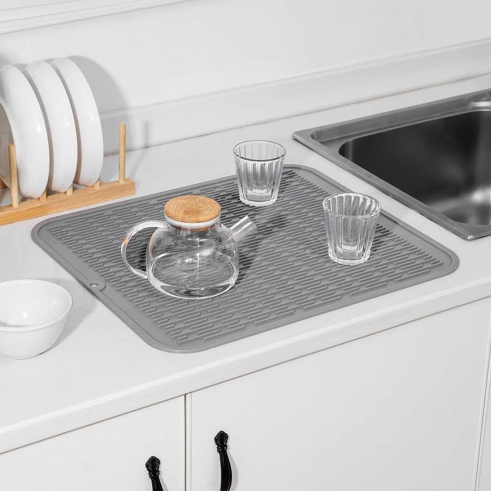 Silicone Dish Drying Mat for Multiple Usage,Easy clean,Eco-friendly,Heat-resistant Silicone Mat for Kitchen Counter or Sink,Refrigerator or Drawer Liner Grey XL 18 inches x 16 inches