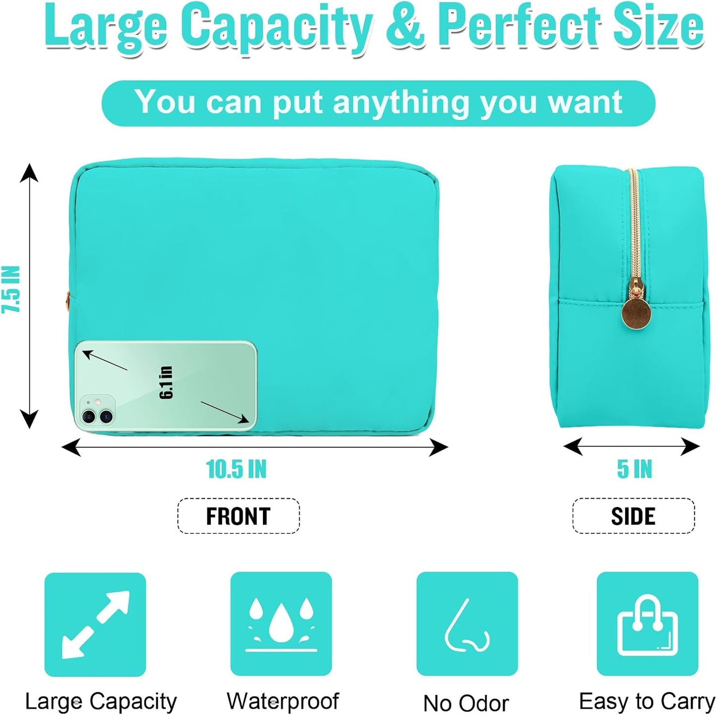 Nylon Large Makeup Bag Travel Pouch for Women, Preppy Big Makeup Bag Cute Cosmetic Zipper Pouch Purse, DIY Chenille Letter Bag Waterproof Toiletry Bag Clutch Make Up Organizer for Women Girls(Mint)