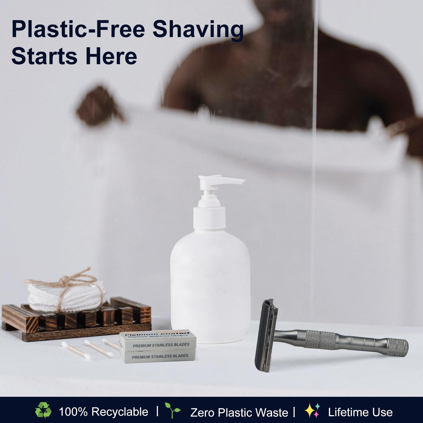 Gun Black Safety Razor, Single Blade Razors for Men, with 10 Platinum Coated Stainless Steel Double Edge Safety Razor Blades, Smooth & Close Shave, Plastic Free, Sustainable