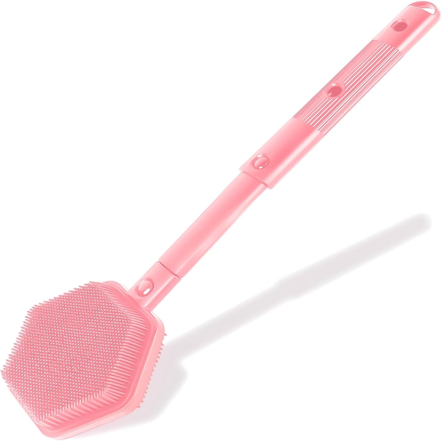 21 Inches Silicone Back Scrubber for Shower - Extendable Shower Brush Long Handle with Stiff and Soft Bristles -Loofah Alternative- Body Exfoliator for Bath or Dry Brush,Men & Woman (Pink)