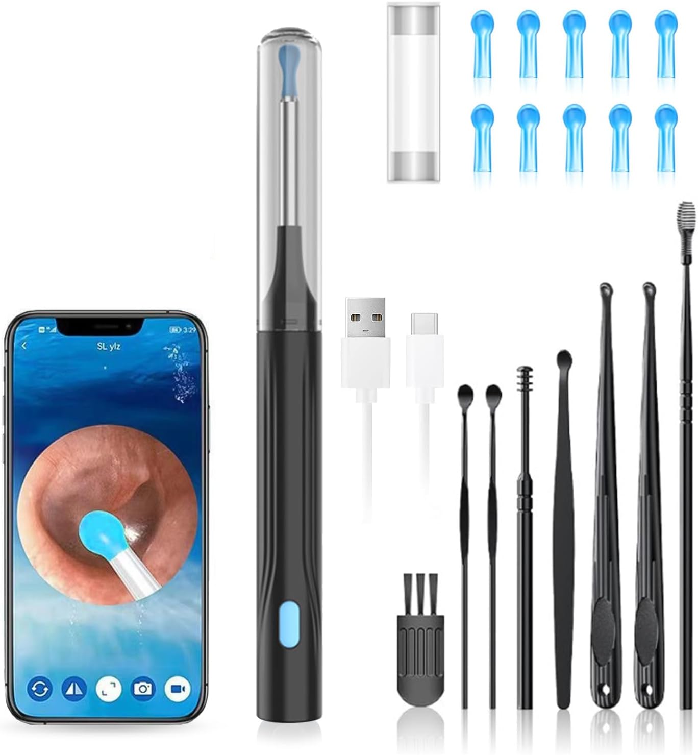 Wax Removal Tool for Ears, Earwax Remover Tools with 1080P Camera & 6LED Light & 8 Pcs Ear Set, Earwax Cleaning Kit with 10 Ear Spoon, Camera for iOS & Android (Black)