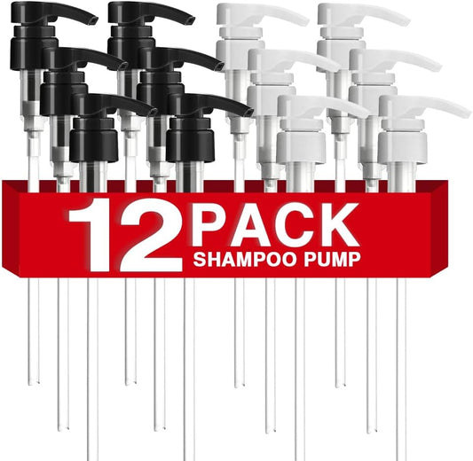 12-Pack Shampoo Pumps for Liter 33.8 oz Shampoo and Conditioner, Pump Dispenser Fits Most Salon Bottles with 1-inch Wide Opening, Black & White Replacement Pump for Soft Hair Products, Body Wash