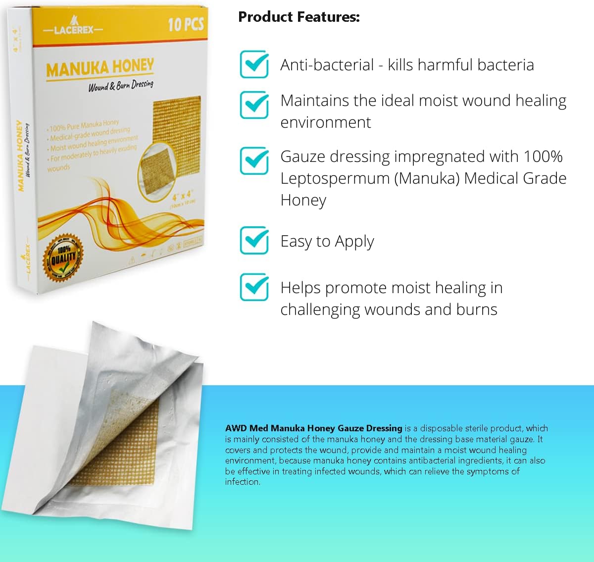 AWD Manuka Honey Gauze Dressing - 100% Impregnated Medical Grade Honey Patches - Medical Supplies, Wound Care, and First Aid - Gauze Pads 10 Count (4"x4")