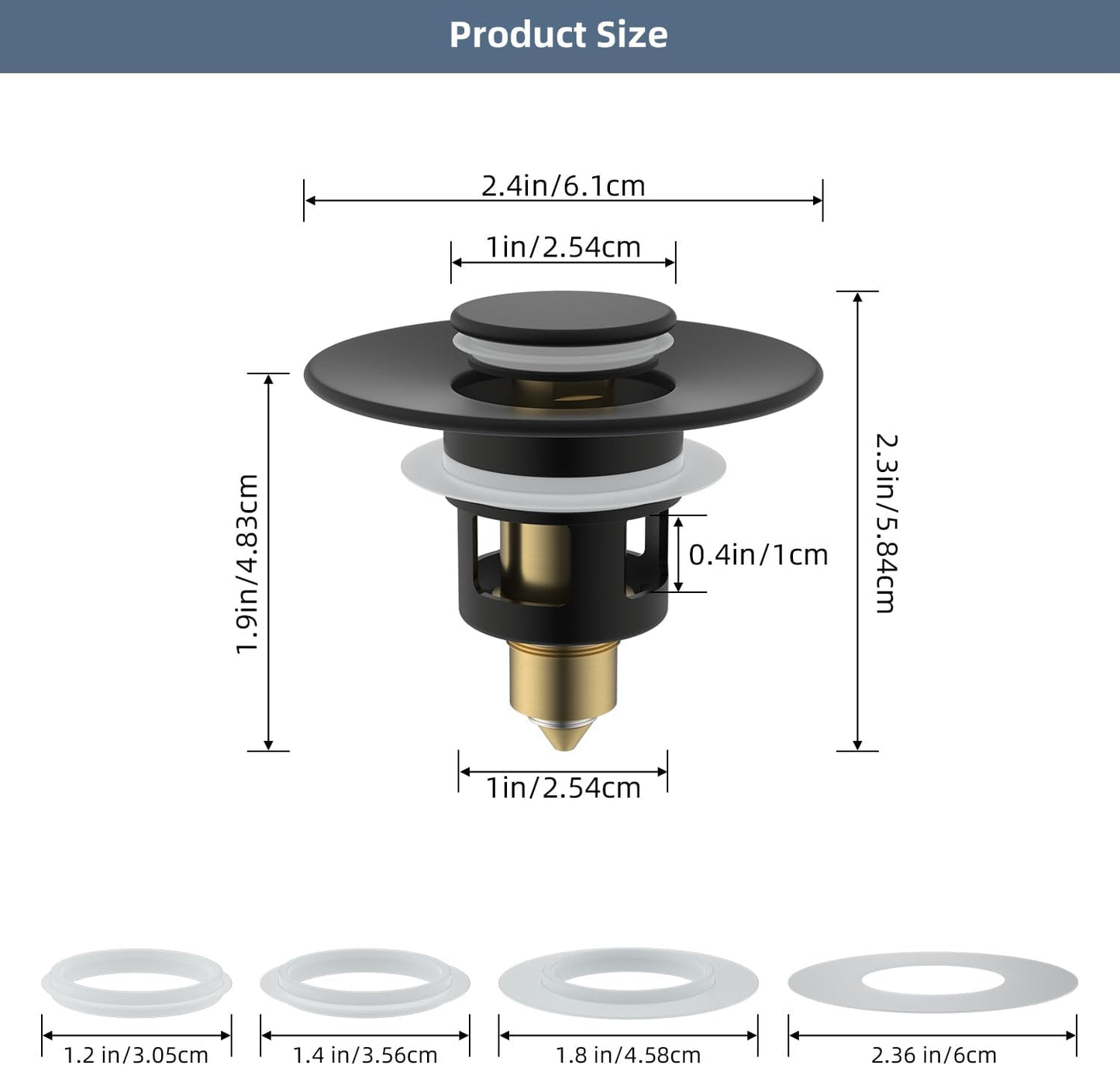 Hibbent 2 Pack All Metal Universal Bathroom Sink Stopper for 1.1''~2.3'' Basin, Pop Up Sink Drain Strainer, Brass Bullet Core Push Type Stopper, Stainless Steel Anti Clogging Drain Filter, Matte Black
