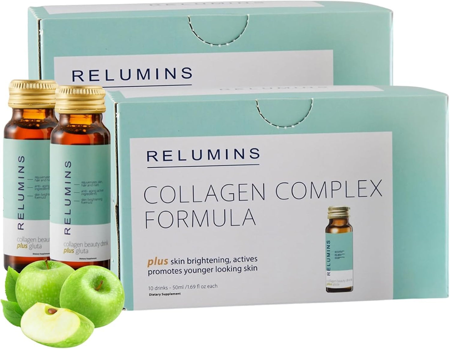 Relumins Advanced Collagen Beauty Drink with Glutathione, Hyaluronic Acid & Antioxidants - Post-Summer Skin Recovery & Made in USA - Apple Flavor - 20 Bottles x 50mL