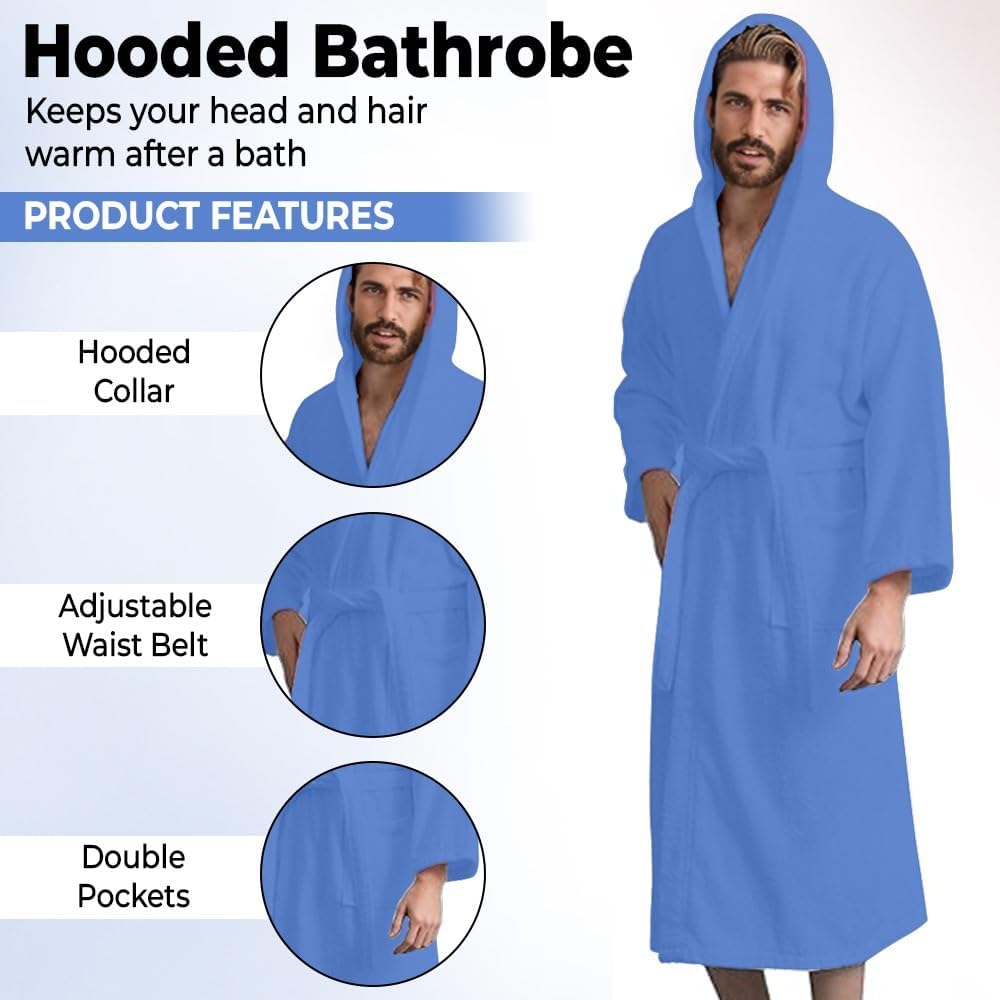 Men’s Hooded Bathrobe, 100% Cotton Terry Bathrobe, Spa Style Bath Robe, Absorbent Shower Robe, Lightweight Towel Bathrobes