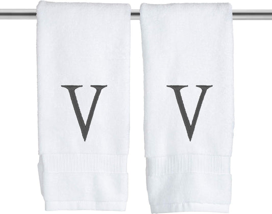 Dark Gray Initial Hand Towel for Bathroom - Monogrammed Luxury Hotel Quality Decorative Embroidered Towel for Powder Room, Spa - GOTS Organic Certified - Set of 2 Letter V