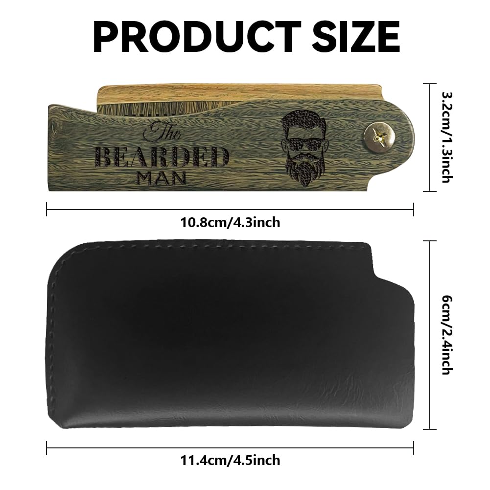 CHGCRAFT The Beard Man Folding Wooden Comb Foldable Beard Combs Carved Wooden Comb Fine Tooth Hair Combs with Imitation Leather Carrying Pouch for Men Grooming Mustaches Head Hair Husband Gift