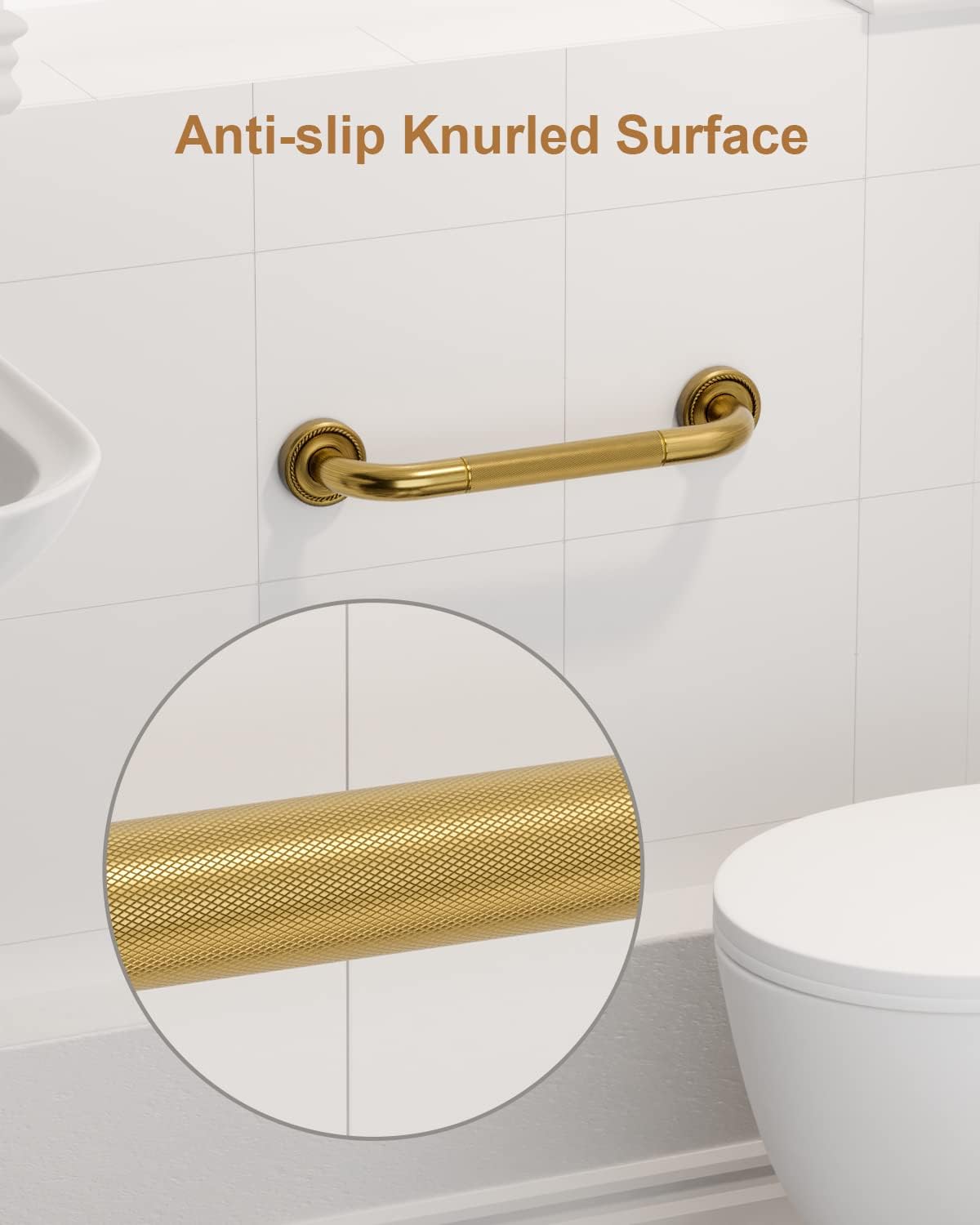 12 Inch Bronze Shower Grab Bar Gold, Munzong Antique Brass Bathroom Grab Bar w/Anti-Slip Knurled Grip, Bathroom Balance Bar, Safety Bath Handrail Support, Handicap Injury Elderly Senior Assist Handle