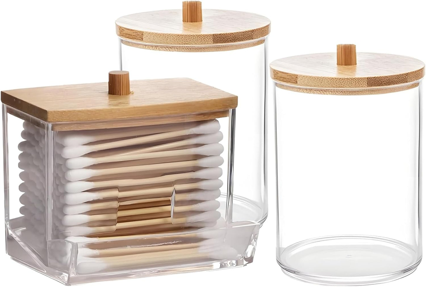 AXX Qtip Dispenser Apothecary Jars Bathroom - Qtip Holder Storage Canister Clear Plastic Jar for Cotton Swab,Q-Tips,Cotton Rounds (C#Bamboo2 3Pcs)