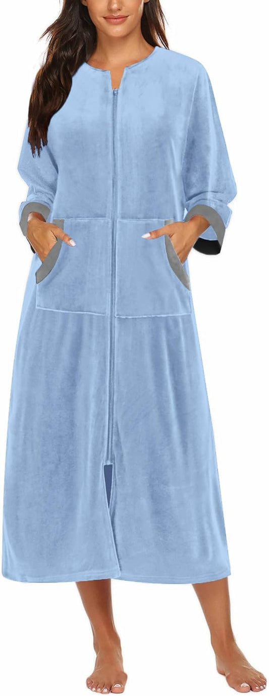 Ekouaer Women Zipper Robe 3/4 Sleeves Loungewear Dress Full Length Sleepwear Pockets Housecoat Nightgown Long Bathrobe
