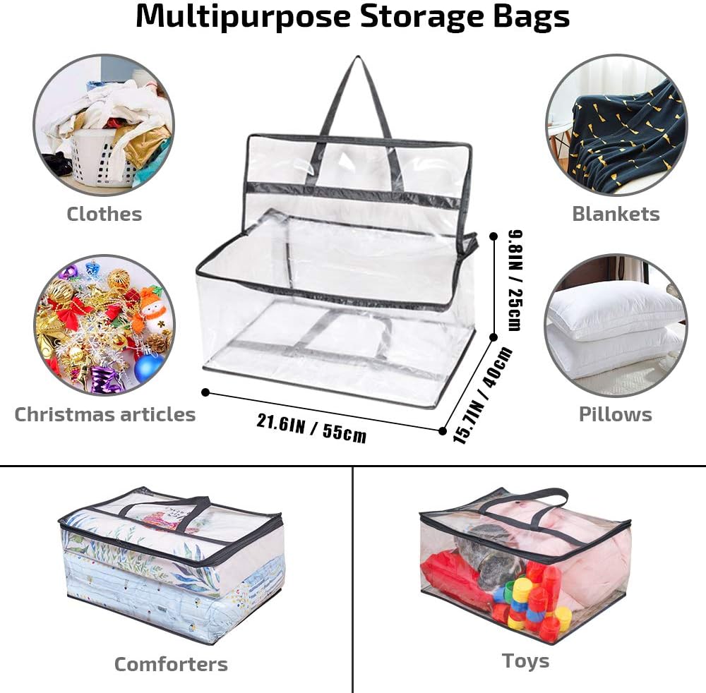 Clear Clothes Storage Bag Organizer with Reinforced Handle, Vinyl Storage Bags for Comforter, Blanket, Bedding, Toys, Transparent Moving Totes with Sturdy Dual Zippers, 3 Pack, 55 L, Black