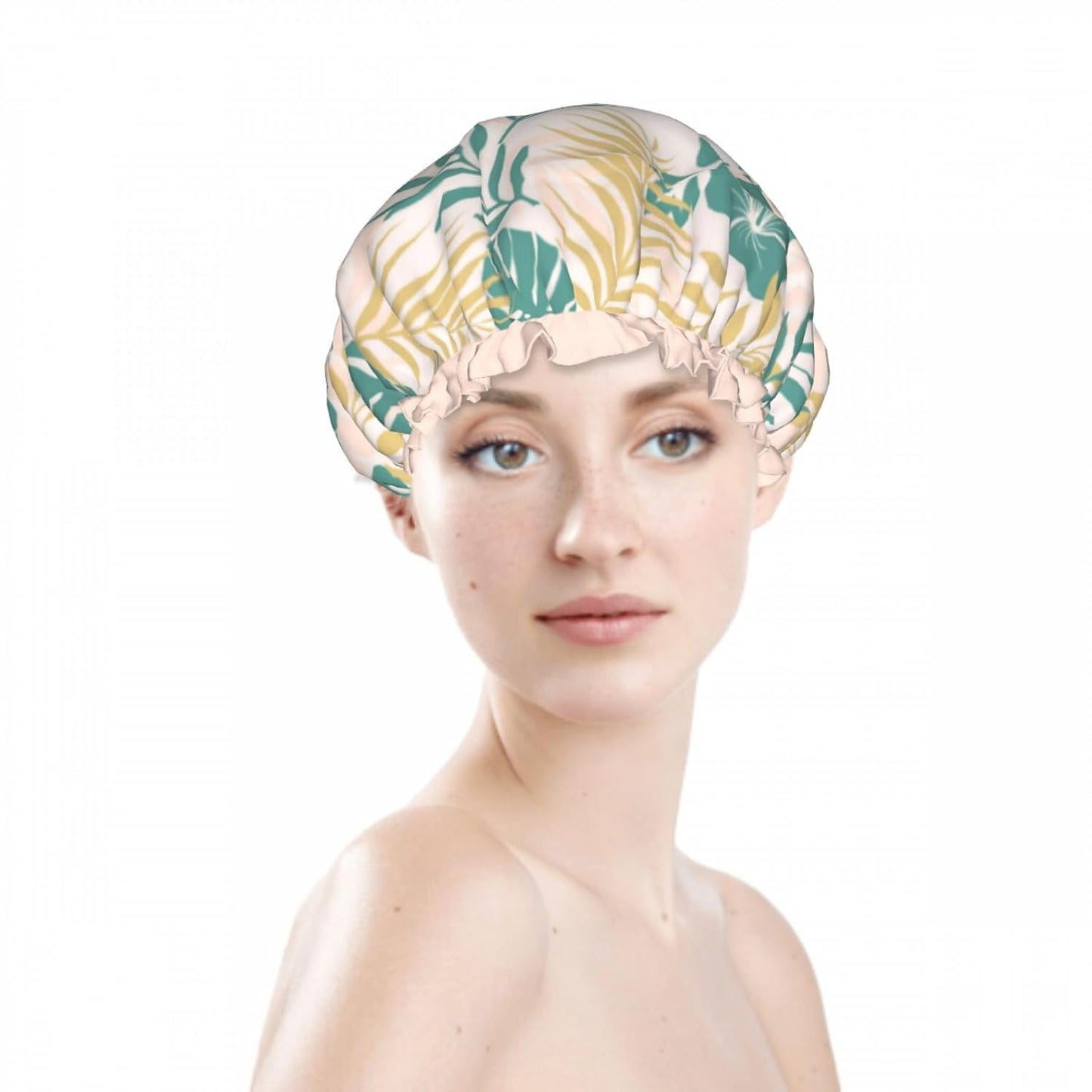 Palm Leaf Nature Double Layer Waterproof Shower Cap for Women Reusable Bath Cap for All Long Hair Lengths Soft Bath Shower Hat