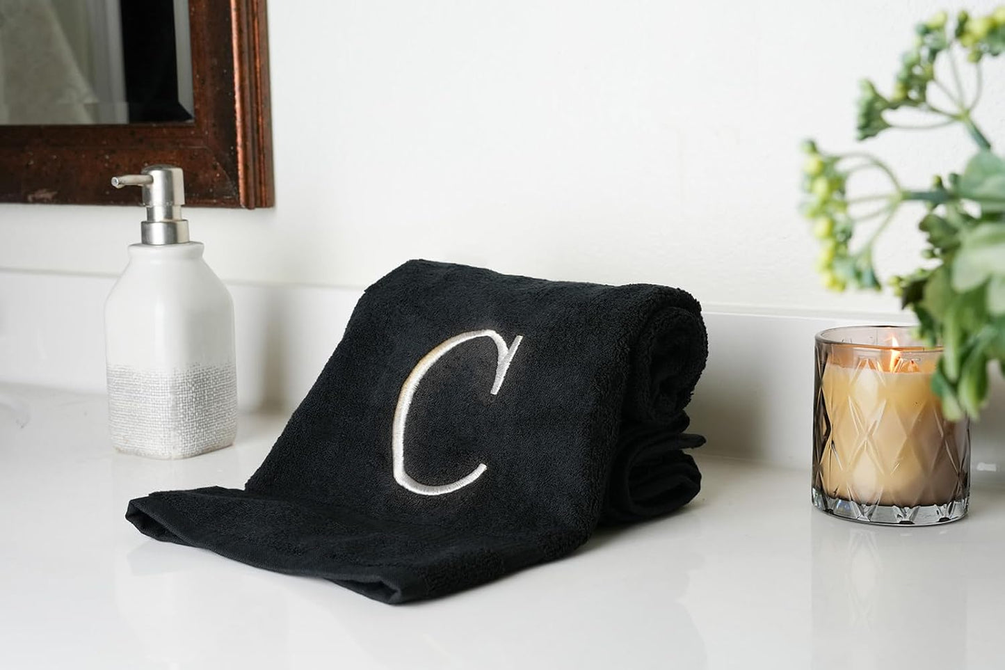 Black Initial Hand Towel for Bathroom - Monogrammed Luxury Hotel Quality Decorative Embroidered Towel for Powder Room, Spa - GOTS Organic Certified - Pack of 2 - Letter C
