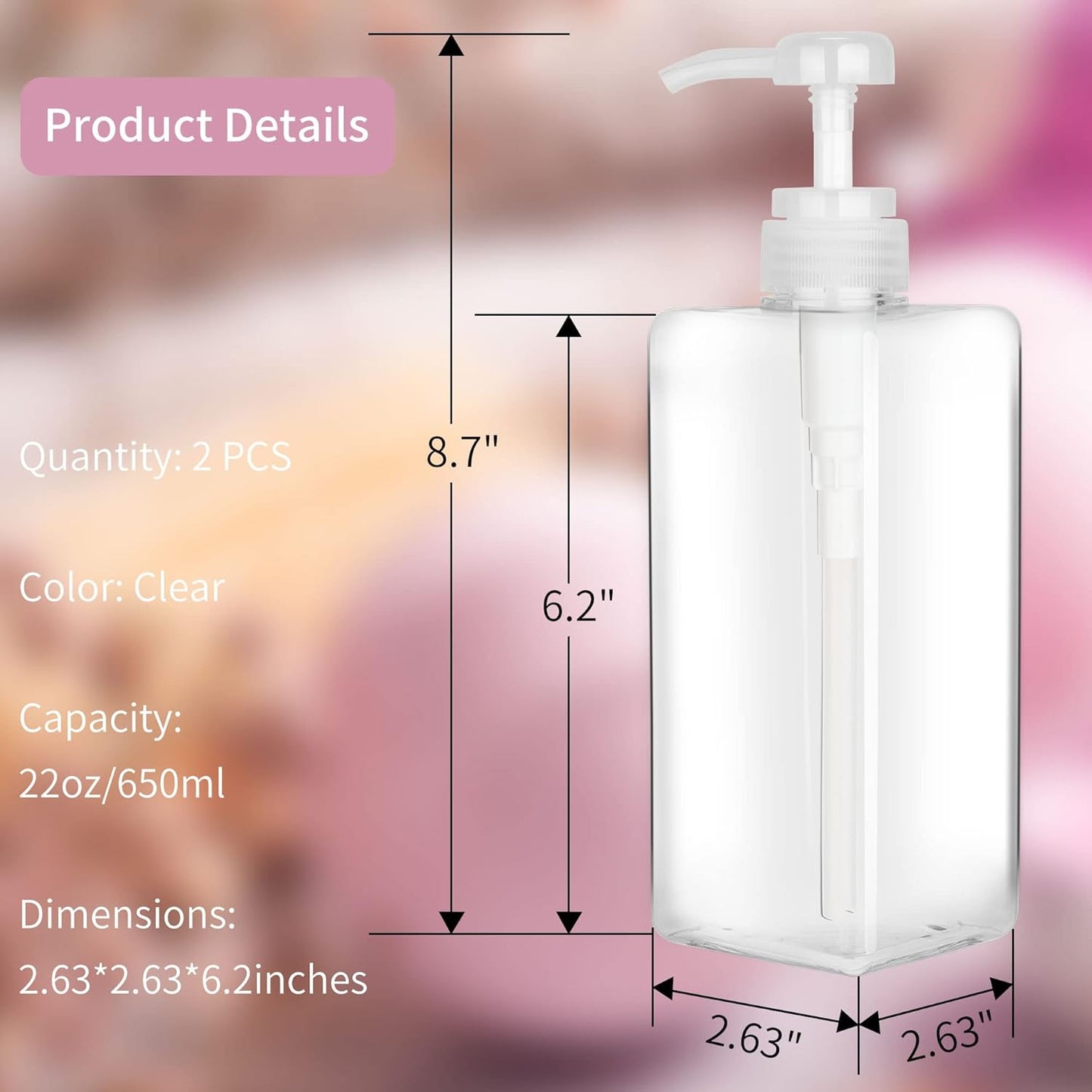 Pump Bottle Dispenser 22oz/650ml Jansburg 2Pack Refillable Square Plastic Lotion Dispenser Empty Lotion Pump Bottle for Essential Oil Lotion, Shampoo, Bathroom Travel Clear
