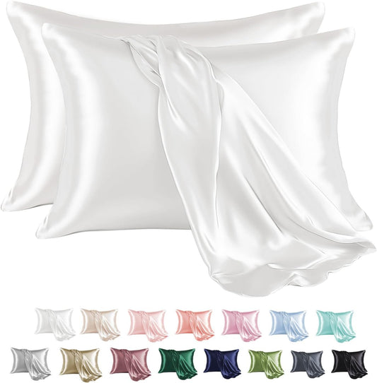 MR&HM Satin Pillowcase for Hair and Skin, Silk Satin Pillowcase 2 Pack, Standard Size Pillow Cases Set of 2, Silky Pillow Cover with Envelope Closure (20x26, Ivory)