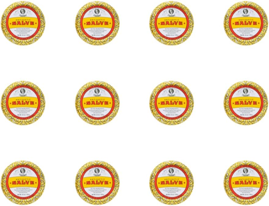 Rawleigh Antiseptic Salve Iconic Yellow Big Tin: 4.5 oz, Multi-Purpose Ointment Soothes Cuts, Bruises, Irritations, with Turpentine, Phenol, Cottonseed Oil & Paraffin, Original Formula - Pack of 12