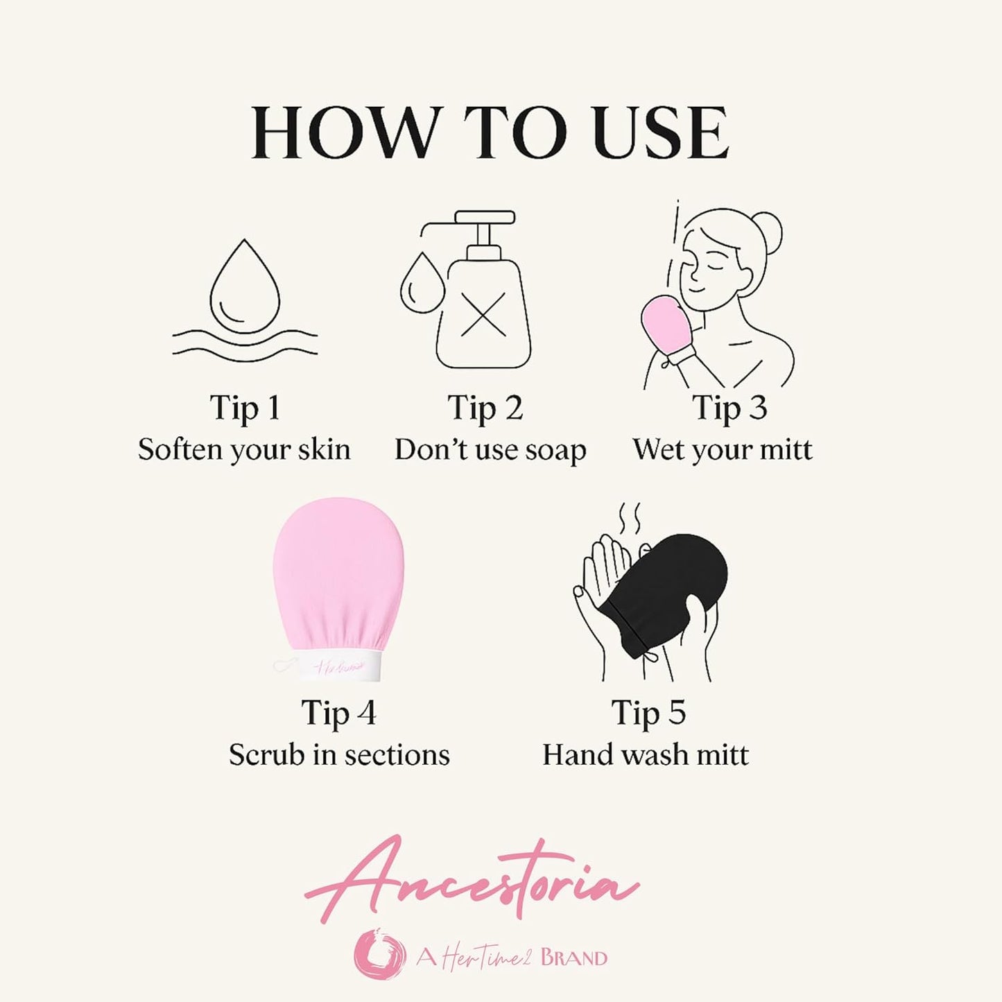 Ancestoria Korean Exfoliating Gloves for Shower, Pink and Black, 2-Pack, Deep Exfoliating Mitts for Body, Reusable and Chemical-Free, A HerTime2 Brand