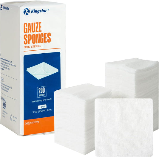 200 Pack 3x3 Inch Gauze Sponges 8-Ply, 100% Cotton Soft Woven Gauze Pads for Wound Care, Highly Absorbent Bulk Hospital-Grade First Aid & Surgical Dressing