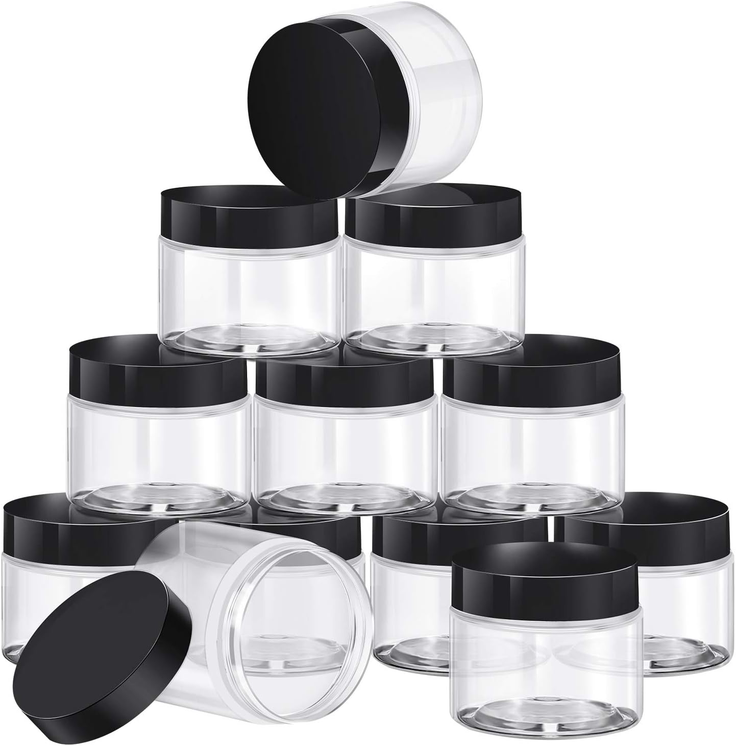 SATINIOR 12 Pack 2 oz Plastic Container Jars with Lids Round Clear Travel Cosmetic Container Slime Jars for Toiletries, Lotion, Cream, Ointments, Makeup, Rhinestone, Samples, Kitchen Storage(Black)