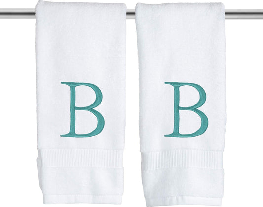 Teal and White Bathroom Hand Towel - Monogrammed Luxury Hotel Quality Decorative Embroidered Towel for Powder Room, Spa - GOTS Organic Certified - Set of 2 Letter B