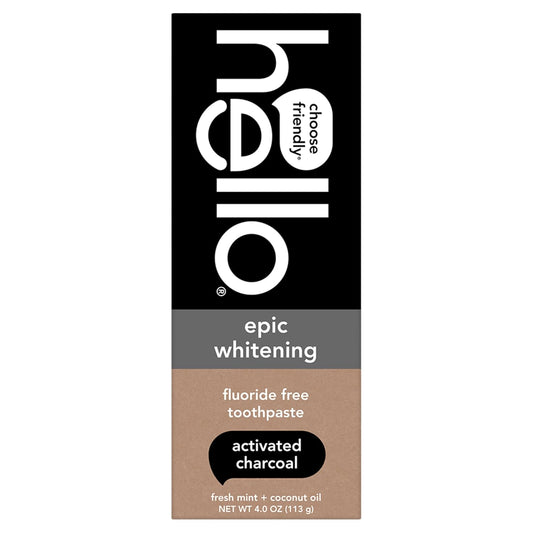 hello Epic Whitening Charcoal Fluoride Free Toothpaste, Activated Charcoal Toothpaste with Coconut Oil, Whitens Teeth Naturally, SLS Free, Fresh Mint, 4.0 Oz Tube