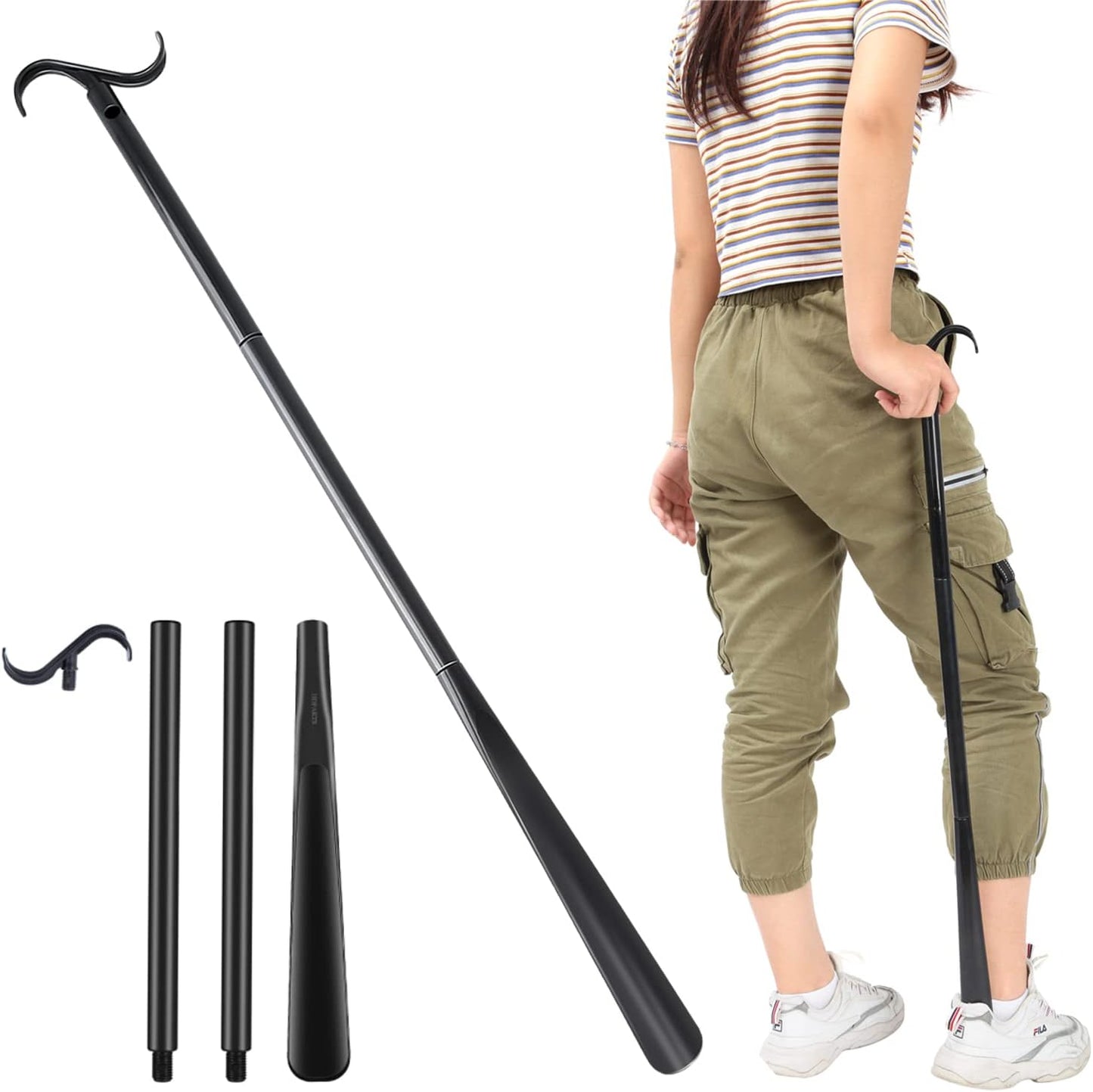 35" Long Dressing Stick with Shoe Horn with Sock Removal Tool, Adjustable Extended Dressing Aids for Shoes, Socks, Shirts and Pants